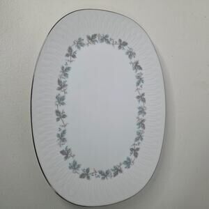 Sango Charleroi Oval Serving Platter Japan Silver Leaf Blue Berry Pattern